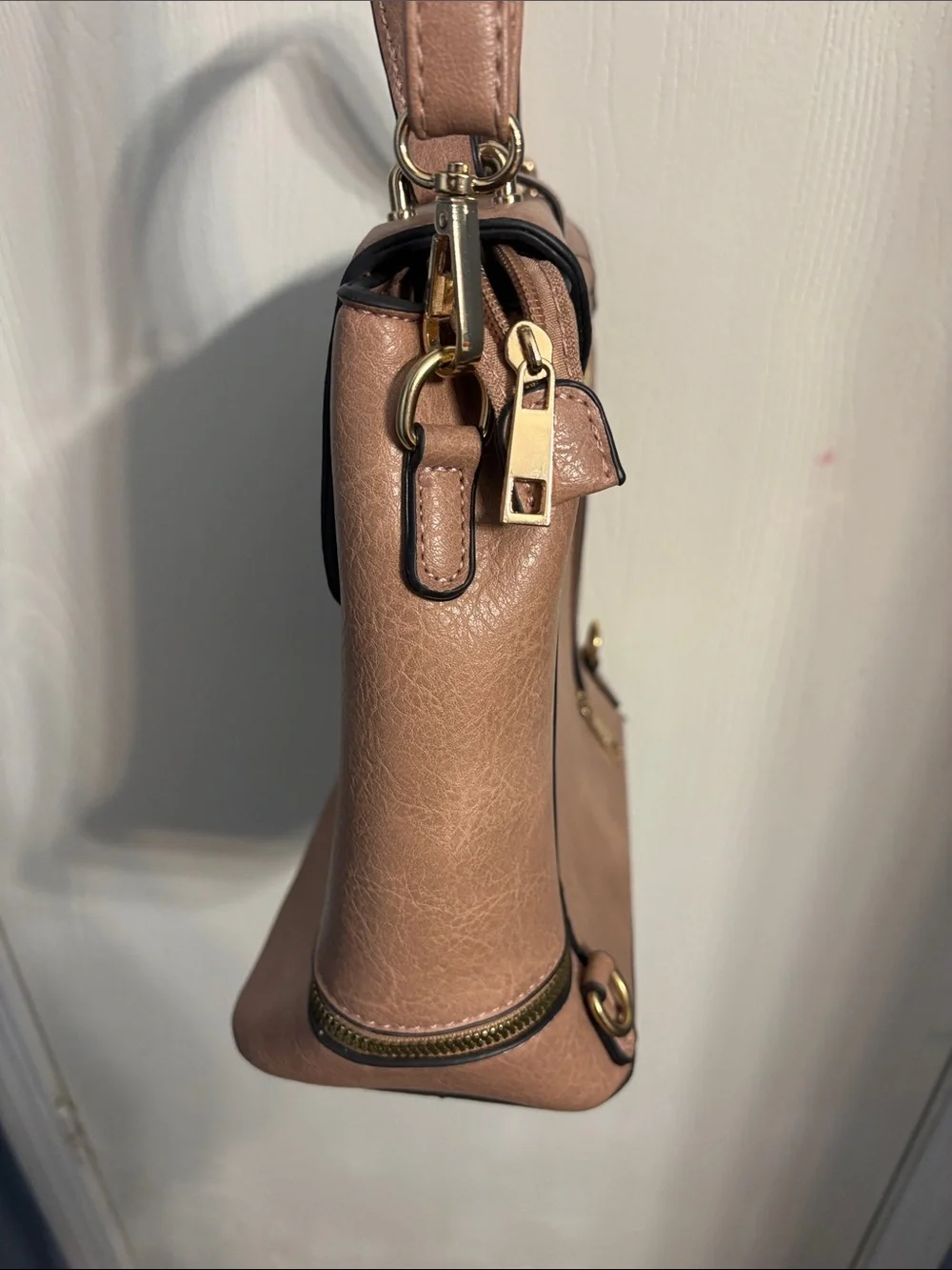 Women's Taupe Crossbody Top-Handle Bag with Gold Hardware